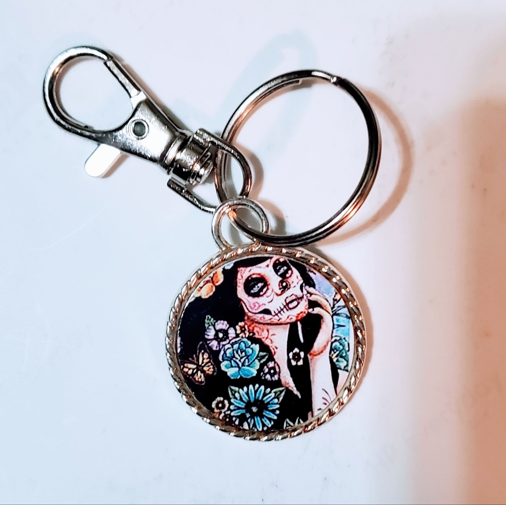 Sugar Skull Keyring glass face or necklace
